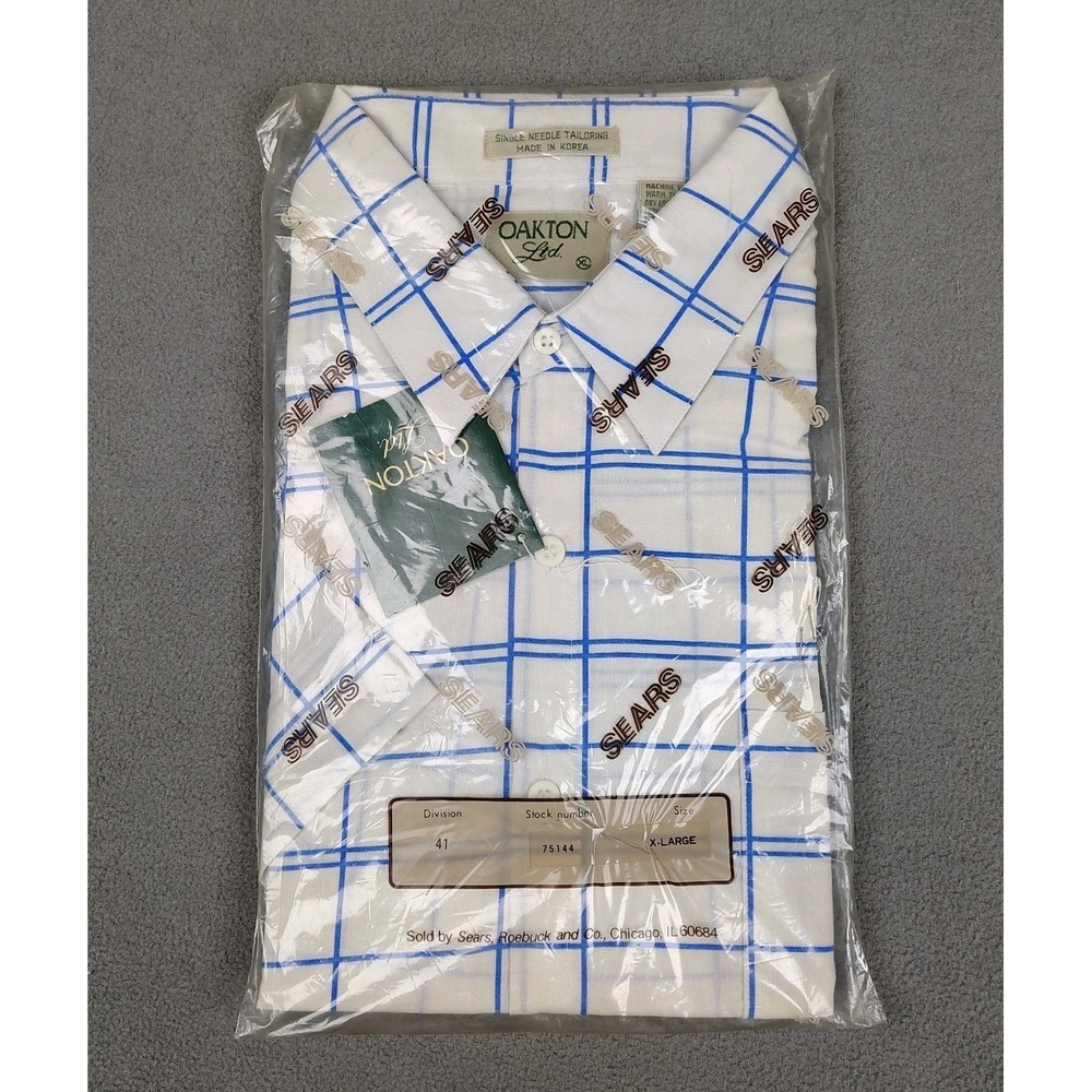 New VINTAGE 70s Sears Oakton Button Shirt Men XL Large Plaid NOS Sealed Grandpa